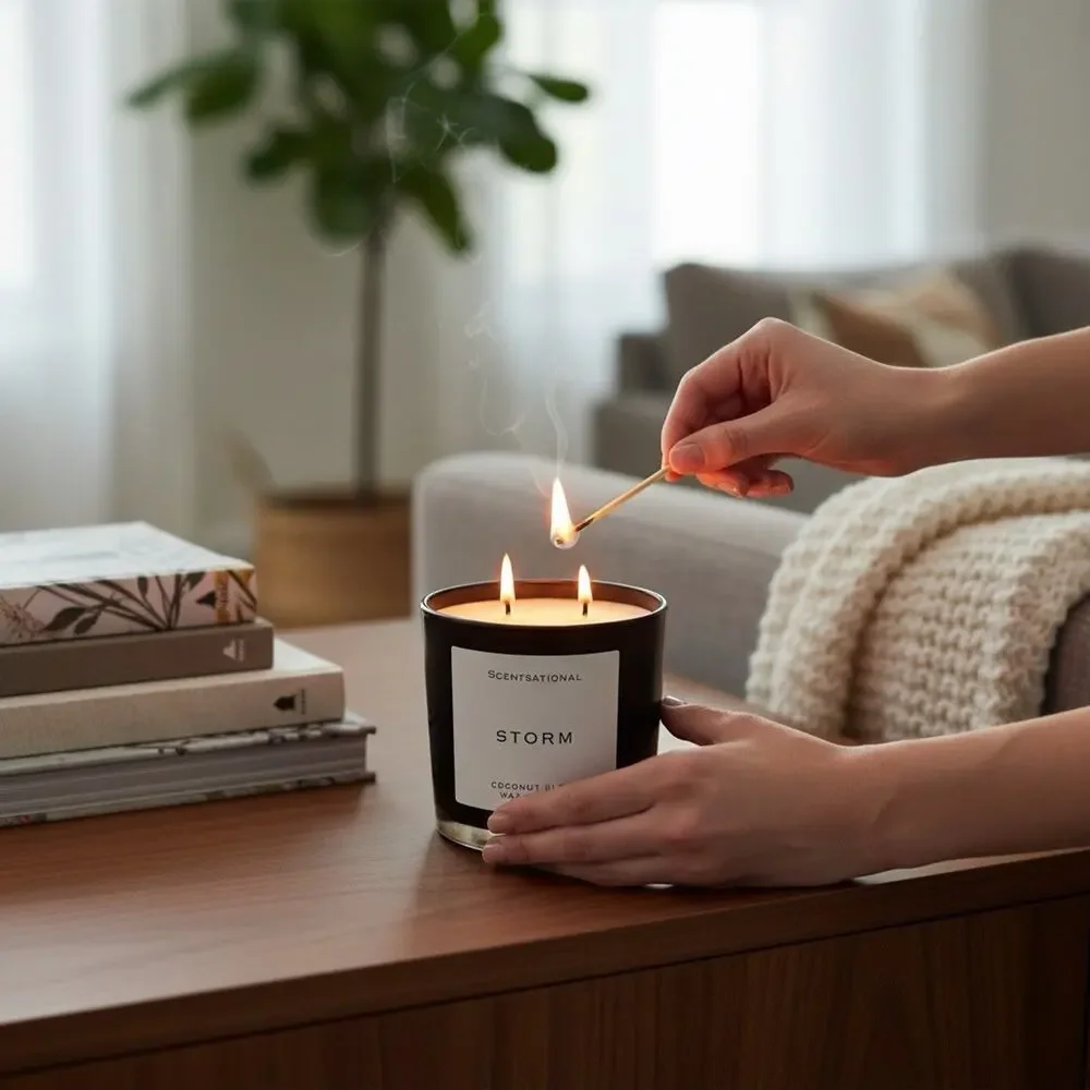 Scentsational Storm Candle Large Black Glass Jar 26oz 3 Wicks Coconut‎ Wax Blend